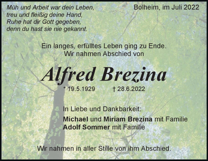  Traueranzeige für Alfred Brezina vom 09.07.2022 aus Heidenheimer Zeitung