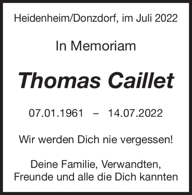  Traueranzeige für Thomas Caillet vom 22.07.2022 aus Heidenheimer Zeitung