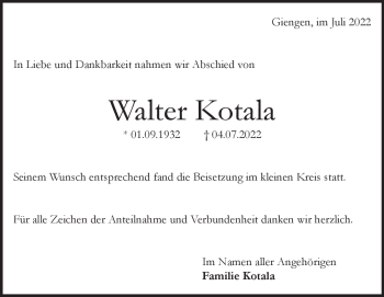 Traueranzeige von Walter Kotala von Heidenheimer Zeitung