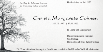 Traueranzeige von Christa Cohnen von Heidenheimer Zeitung