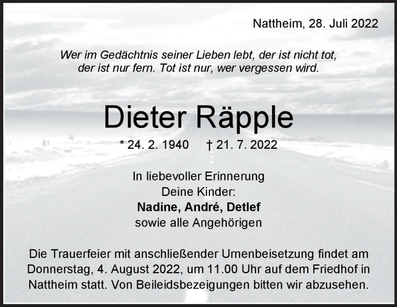  Traueranzeige für Dieter Räpple vom 28.07.2022 aus Heidenheimer Zeitung