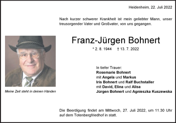 Traueranzeige von Franz-Jürgen Bohnert von Heidenheimer Zeitung