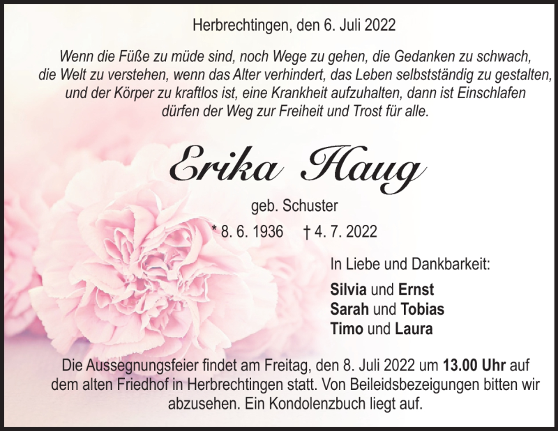 Traueranzeige für Erika Haug vom 06.07.2022 aus Heidenheimer Zeitung