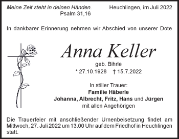 Traueranzeige von Anna Keller von Heidenheimer Zeitung