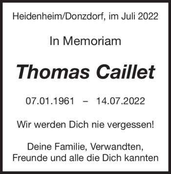 Traueranzeige von Thomas Caillet von Heidenheimer Zeitung