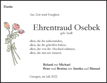 Traueranzeige von Ehrentraud Osebek von Heidenheimer Zeitung