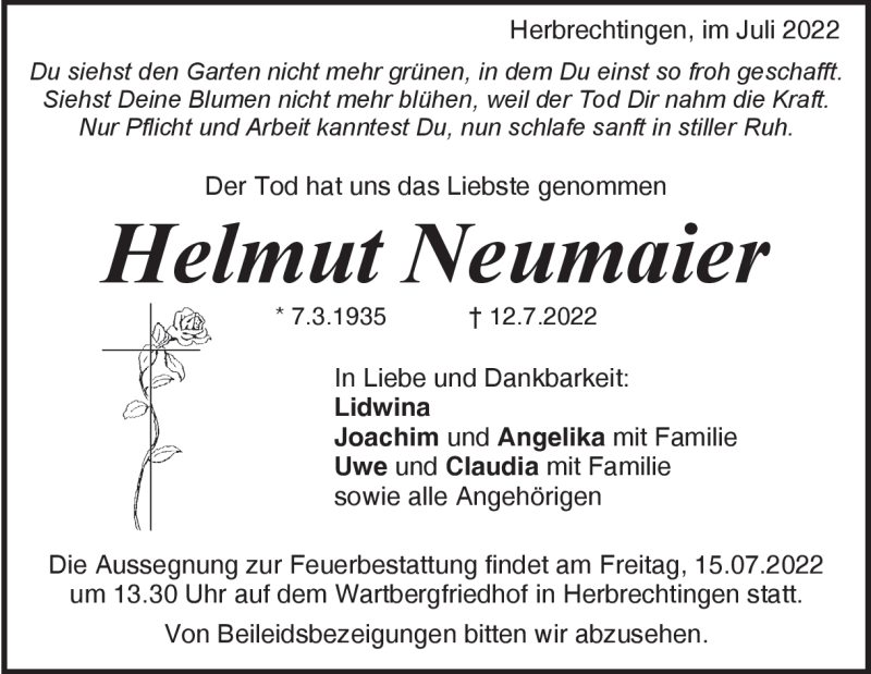  Traueranzeige für Helmut Neumaier vom 14.07.2022 aus Heidenheimer Zeitung