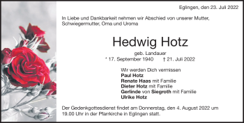 Traueranzeige von Hedwig Hotz von Heidenheimer Zeitung