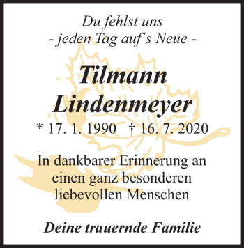 Traueranzeige von Tilmann Lindenmeyer von Heidenheimer Zeitung
