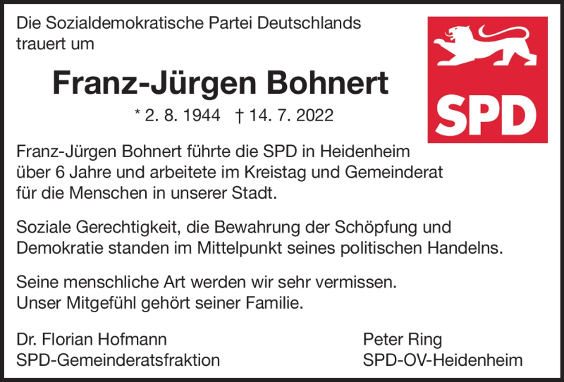  Traueranzeige für Franz-Jürgen Bohnert vom 22.07.2022 aus Heidenheimer Zeitung