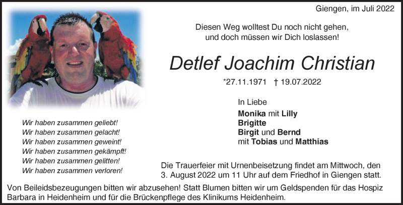  Traueranzeige für Detlef Joachim Christian vom 27.07.2022 aus Heidenheimer Zeitung