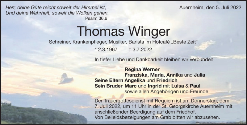  Traueranzeige für Thomas Winger vom 05.07.2022 aus Heidenheimer Zeitung