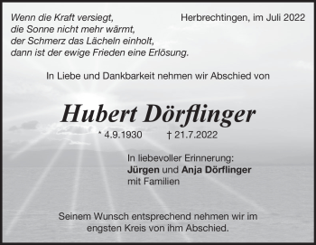 Traueranzeige von Hubert Dörflinger von Heidenheimer Zeitung
