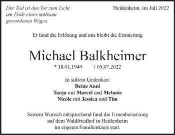 Traueranzeige von Michael Balkheimer von Heidenheimer Zeitung