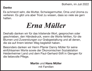 Traueranzeige von Erna Müller von Heidenheimer Zeitung