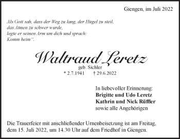 Traueranzeige von Waltraud Leretz von Heidenheimer Zeitung