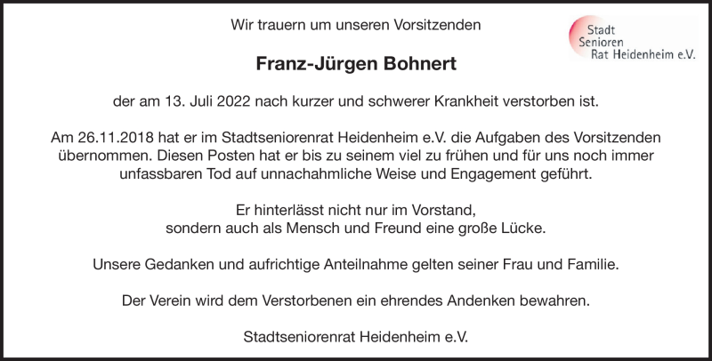  Traueranzeige für Franz-Jürgen Bohnert vom 27.07.2022 aus Heidenheimer Zeitung