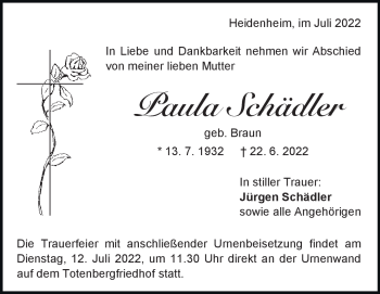 Traueranzeige von Paula Schädler von Heidenheimer Zeitung