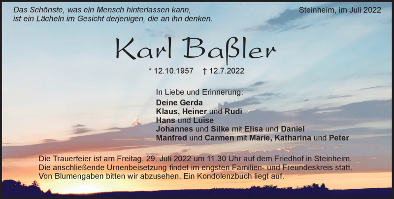  Traueranzeige für Karl Baßler vom 25.07.2022 aus Heidenheimer Zeitung