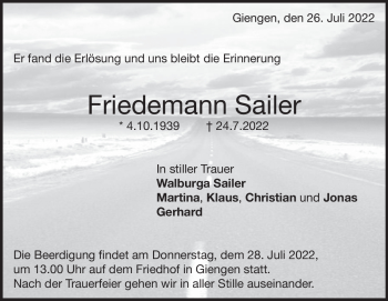 Traueranzeige von Friedemann Sailer von Heidenheimer Zeitung