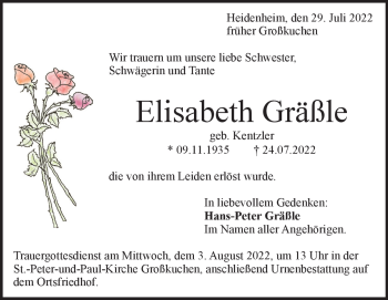 Traueranzeige von Elisabeth Gräßle von Heidenheimer Zeitung
