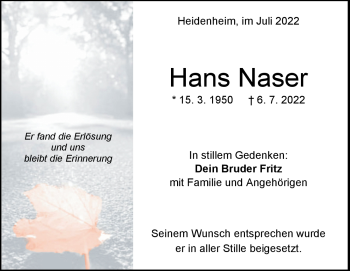 Traueranzeige von Hans Naser von Heidenheimer Zeitung
