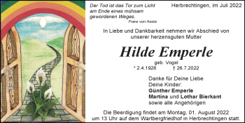 Traueranzeige von Hilde Emperle von Heidenheimer Zeitung
