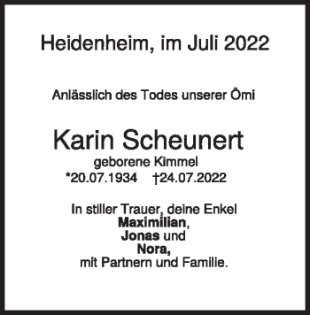 Traueranzeige von Karin Scheunert von Heidenheimer Zeitung