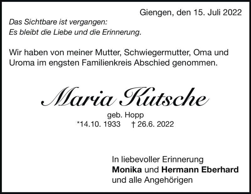  Traueranzeige für Maria Kutsche vom 15.07.2022 aus Heidenheimer Zeitung