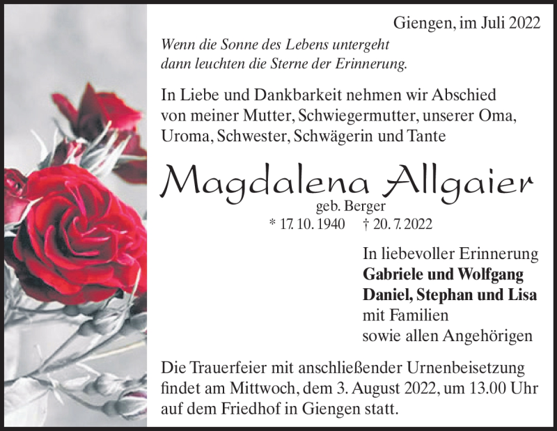  Traueranzeige für Magdalena Allgaier vom 28.07.2022 aus Heidenheimer Zeitung