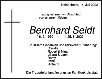 Traueranzeige von Bernhard Seidt von Heidenheimer Zeitung