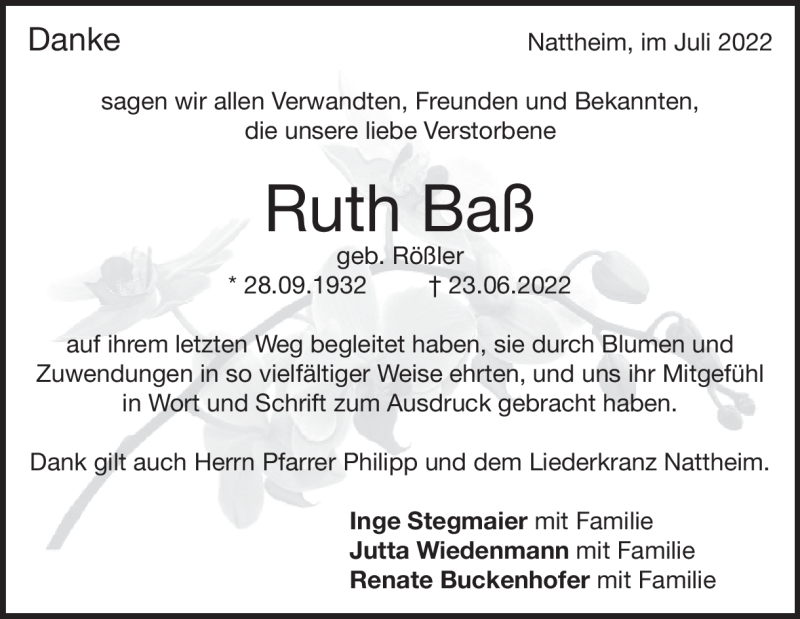  Traueranzeige für Ruth Baß vom 22.07.2022 aus Heidenheimer Zeitung