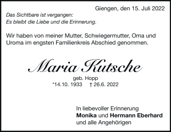 Traueranzeige von Maria Kutsche von Heidenheimer Zeitung