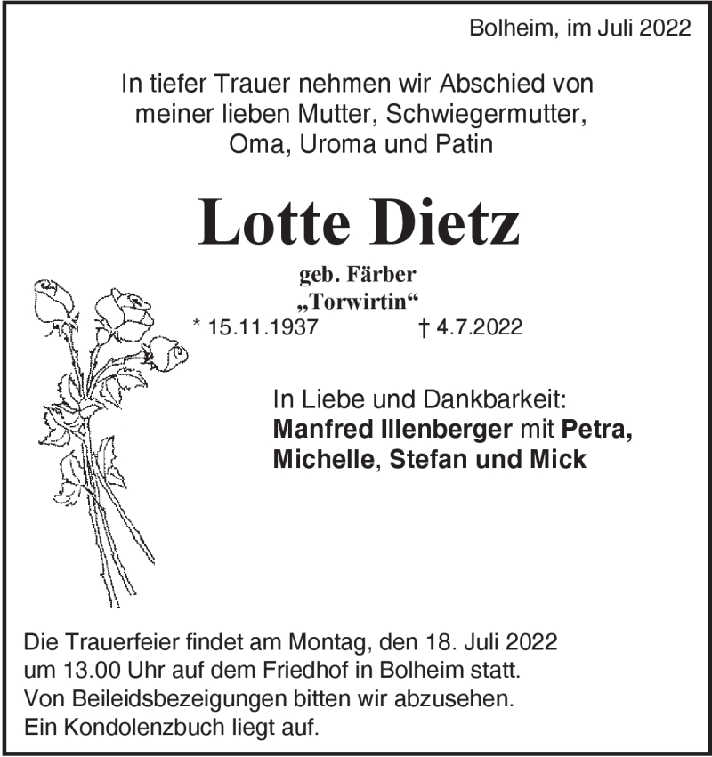  Traueranzeige für Lotte Dietz vom 14.07.2022 aus Heidenheimer Zeitung