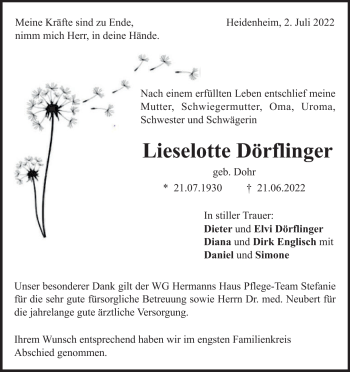 Traueranzeige von Lieselotte Dörflinger von Heidenheimer Zeitung