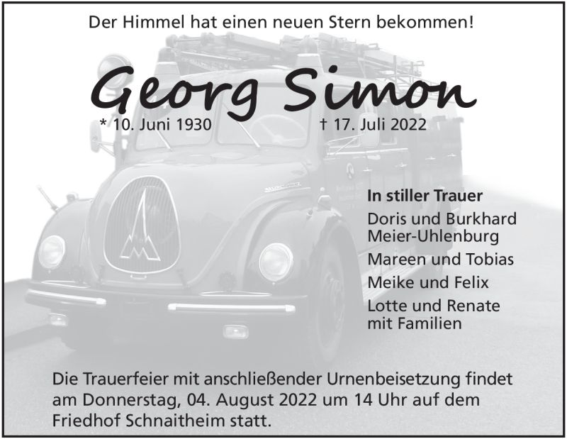  Traueranzeige für Georg Simon vom 23.07.2022 aus Heidenheimer Zeitung