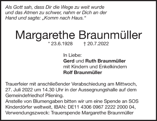 Traueranzeige von Margarethe Braunmüller von Heidenheimer Zeitung