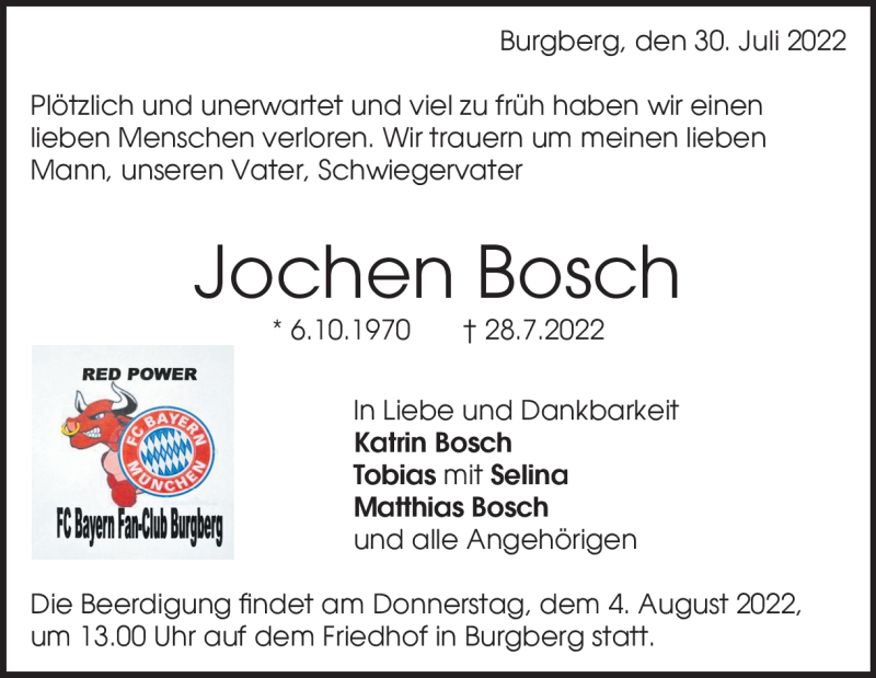  Traueranzeige für Jochen Bosch vom 30.07.2022 aus Heidenheimer Zeitung