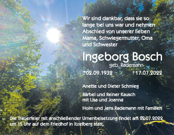 Traueranzeige von Ingeborg Bosch von Heidenheimer Zeitung