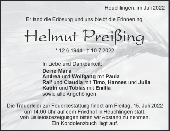 Traueranzeige von Helmut Preißing von Heidenheimer Zeitung