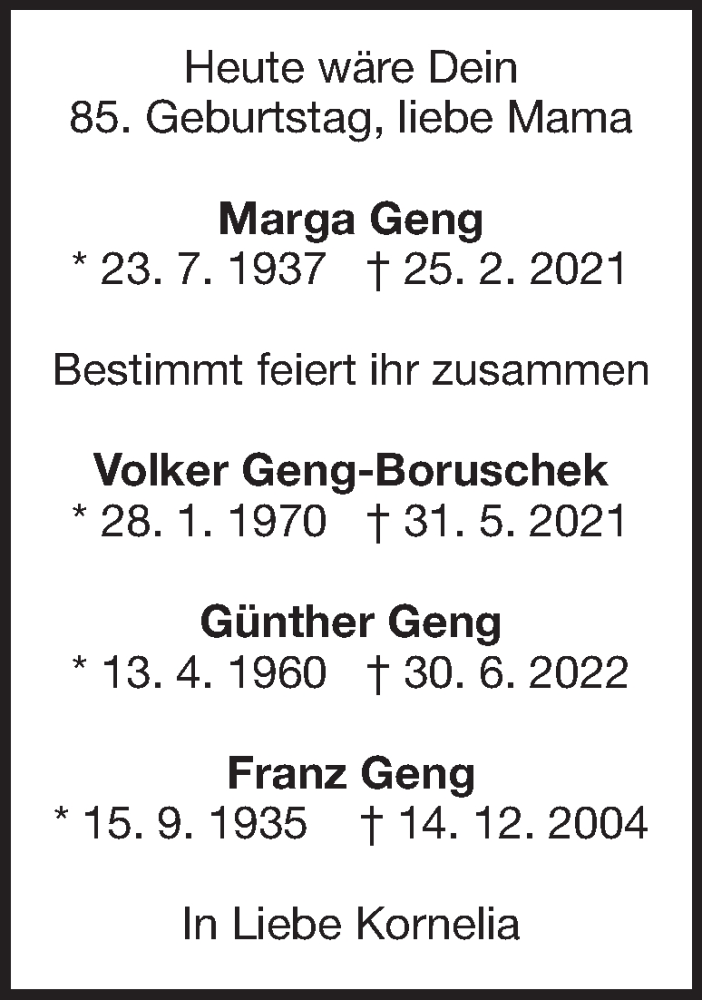  Traueranzeige für Marga Geng vom 23.07.2022 aus Heidenheimer Zeitung