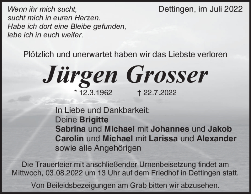  Traueranzeige für Jürgen Grosser vom 29.07.2022 aus Heidenheimer Zeitung