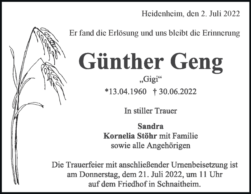  Traueranzeige für Günther Geng vom 02.07.2022 aus Heidenheimer Zeitung
