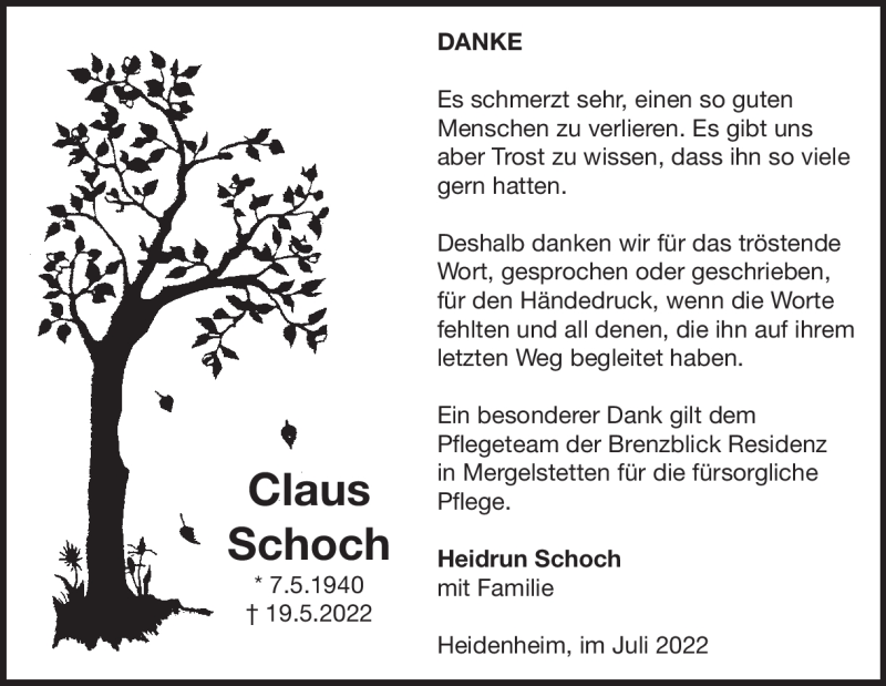  Traueranzeige für Claus Schoch vom 09.07.2022 aus Heidenheimer Zeitung