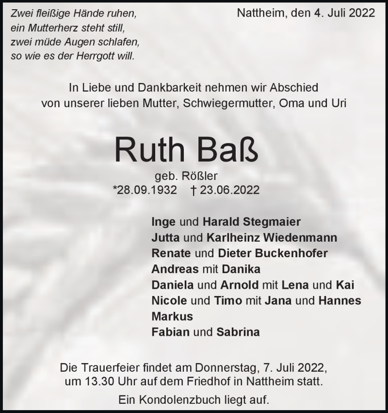  Traueranzeige für Ruth Baß vom 04.07.2022 aus Heidenheimer Zeitung