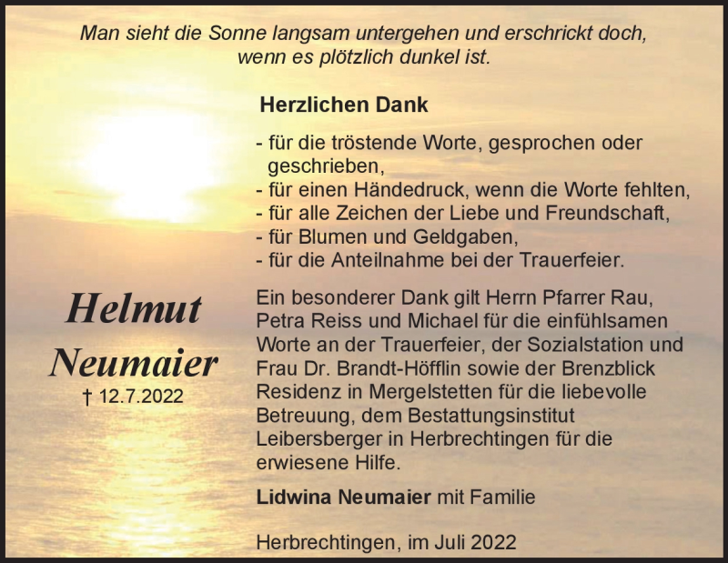 Traueranzeige für Helmut Neumaier vom 20.07.2022 aus Heidenheimer Zeitung