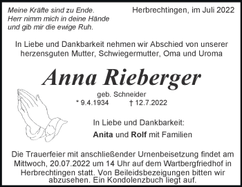 Traueranzeige von Anna Rieberger von Heidenheimer Zeitung