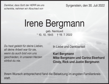 Traueranzeige von Irene Bergmann von Heidenheimer Zeitung