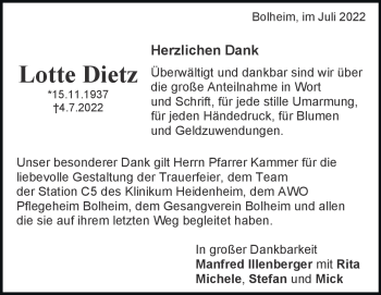 Traueranzeige von Lotte Dietz von Heidenheimer Zeitung