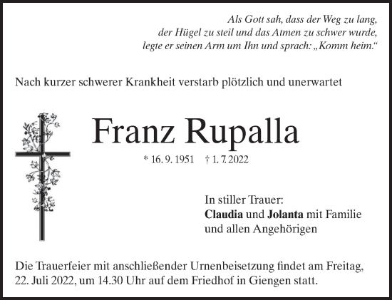 Traueranzeige von Franz Rupalla von Heidenheimer Zeitung